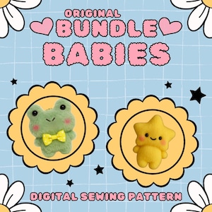 Puede incluir: Imagen de dos juguetes de peluche: una rana verde con pajarita amarilla y una estrella amarilla. Los juguetes están dentro de marcos amarillos festoneados, con el texto "ORIGINAL BUNDLE BABIES" y "DIGITAL SEWING PATTERN".