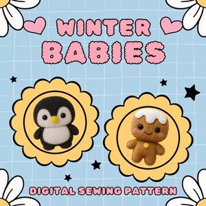 Könnte beinhalten: Ein digitales Schnittmuster mit dem Titel WINTER BABIES, das ein schwarz-weißes Pinguin-Stofftier und ein braunes Lebkuchenmännchen-Stofftier zeigt. Das Design umfasst gelbe, gewellte, kreisförmige Rahmen, rosa Herzen, weiße Gänseblümchen und schwarze Sterne auf einem blauen Gitter.