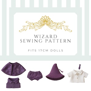 Puede incluir: Un patrón de costura de disfraz de mago para muñecas de 17 cm. La imagen muestra una capa morada, pantalones cortos, chaleco, sombrero, camisa y corbata. El texto dice "WIZARD SEWING PATTERN" y "FITS 17CM DOLLS".