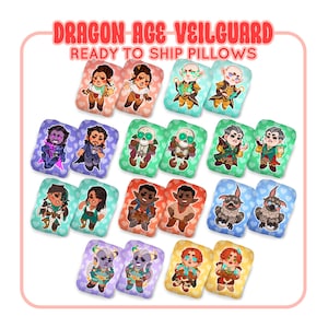 May include: A selection of square pillows with vibrant character illustrations from Dragon Age: Veilguard. The pillows have different background colours, such as pink, green, and blue. The text "DRAGON AGE VEILGUARD READY TO SHIP PILLOWS" is displayed at the top.