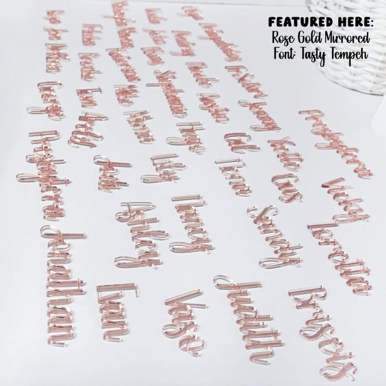 May include: Rose gold mirrored name cutouts in various cursive fonts. The names are scattered across a white surface. The text "FEATURED HERE: Rose Gold Mirrored Font: Tasty Tempeh" is in the upper right corner.