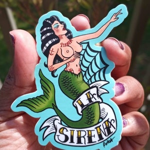 La Sirena Sticker, Tattoo Flash and Loteria inspired, low brow, tattooed mermaid
