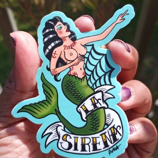 La Sirena Sticker, Tattoo Flash en Loteria geïnspireerd, low brow, getatoeëerde zeemeermin