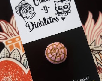 Tiny pink Concha resin pin by Calaveras y Diablitos, Pan Dulce pin