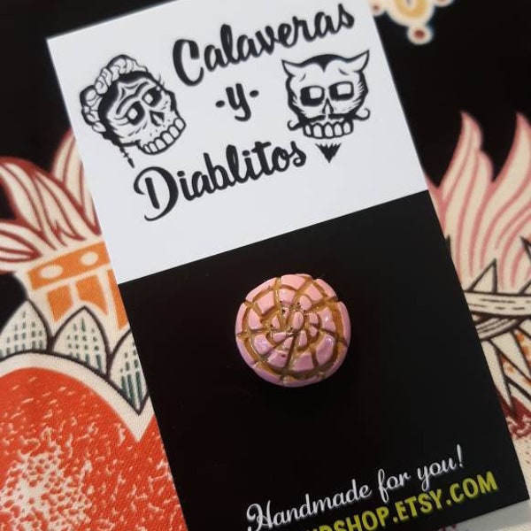 Tiny pink Concha resin pin by Calaveras y Diablitos, Pan Dulce pin