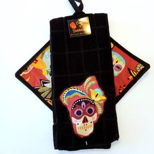 Aztec Dia de Los Muertos potholder & dish towel set, calacas, aztec