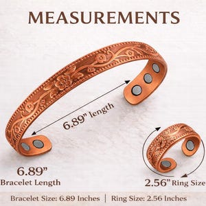 May include: Copper bracelet and ring set with floral design. The bracelet is 6.89 inches long, and the ring has a 2.56-inch ring size. Both pieces have a magnetic closure.