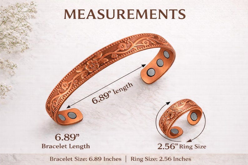 May include: Copper bracelet and ring set with floral design. The bracelet is 6.89 inches long, and the ring has a 2.56-inch ring size. Both pieces have a magnetic closure.