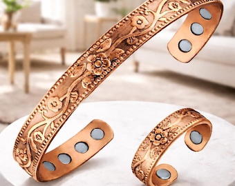 Pure Copper Magnetic Bracelet & Ring Set for Women – Adjustable Engraved Floral Cuff, Arthritis Relief Jewelry, Boho Wellness Gift for Her