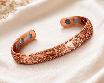 Pure Copper Magnetic Bracelet for Women – Adjustable Engraved Floral Cuff, Arthritis Relief Wellness Jewelry, Gift for Her