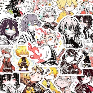 May include: A collection of anime-style character stickers. The stickers feature various characters with detailed facial expressions, hairstyles, and outfits. The color palette includes black, white, yellow, red, and blue.