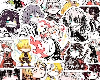 May include: A collection of anime-style character stickers. The stickers feature various characters with detailed facial expressions, hairstyles, and outfits. The color palette includes black, white, yellow, red, and blue.