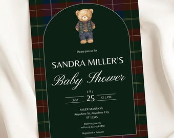 Vintage Polo Teddy Bear Baby Shower Invitation, Editable Template