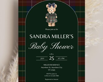 Polo Teddy Bear Baby Shower Invitation, Girl, Editable Canva Template (Digital Download)
