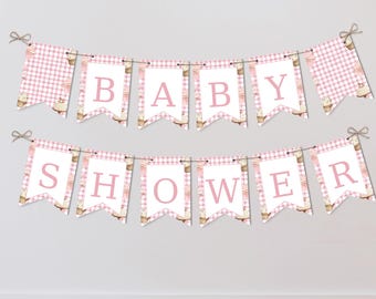 Guirnalda imprimible para baby shower: Guirnalda de cupcakes de cuadros rosas (descarga digital en PDF)