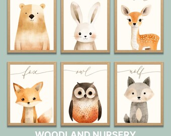 Decoración infantil de animales del bosque para bebé: Set de 6 láminas para habitación infantil (descarga digital en PDF)