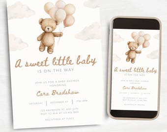 Editable Bear Baby Shower Invitation, Beige Boho Balloon (Canva Template)