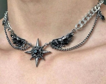 Gothic Winged Star Necklace Black Gem Fallen Angel Pendant | Dark Academia Choker | Grunge Jewelry Gift