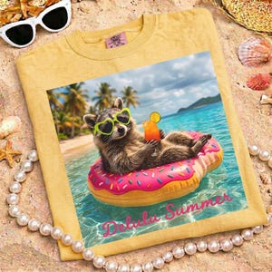 May include: Yellow t-shirt featuring a graphic of a raccoon wearing heart-shaped sunglasses and floating on a pink donut in the ocean. The raccoon is holding a cocktail. The words "Delulu Summer" are written on the image.