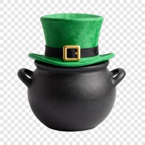 Puede incluir: Un caldero negro con dos asas, coronado por un sombrero verde de duende. El sombrero tiene una banda negra con una hebilla dorada. Una imagen festiva para el Día de San Patricio.