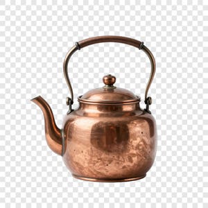 May include: A copper tea kettle with a curved spout, a lid with a small knob, and a handle with a wooden grip. The kettle has a shiny, reflective surface and a classic design.