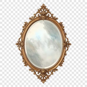 Könnte beinhalten: Ovaler goldener Spiegel mit aufwendigen Details. Der Rahmen weist ein dekoratives, geschwungenes Design auf. Das Glas spiegelt einen bewölkten Himmel wider. Ein dekoratives Element im Vintage-Stil.