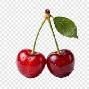 May include: Two ripe, red cherries with water droplets, connected by green stems and a single green leaf. The cherries are glossy and appear fresh, with a natural, organic aesthetic.