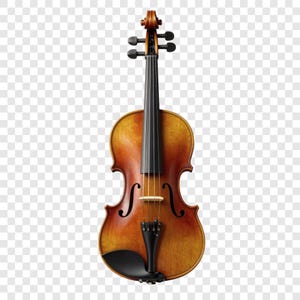 May include: A full shot of a violin with a warm, brown finish. The instrument features a black fingerboard, strings, and a chin rest. The body has a classic, curved shape with f-holes.