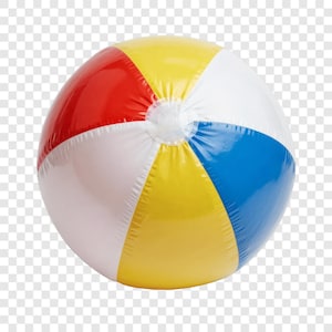May include: A colorful beach ball with red, yellow, blue, and white panels. The inflatable ball is round and has a white plastic valve. This classic toy is perfect for summer fun at the beach or pool.