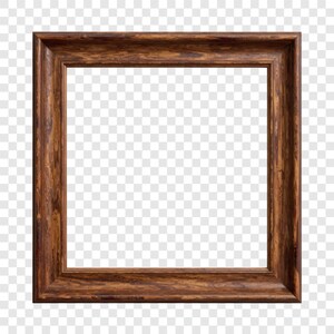 May include: Square wooden picture frame with a dark brown finish. The frame has a classic, rectangular shape with a visible wood grain texture. Designed to hold a square image, it's a traditional style.