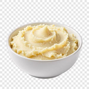 May include: A white bowl filled with creamy mashed potatoes. The potatoes have a light yellow color and a fluffy texture, with a swirl design. Black pepper specks are visible throughout the dish.