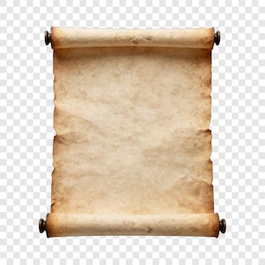 May include: A blank, rectangular scroll made of aged, light brown parchment paper with a textured, weathered surface. The top and bottom edges are rolled inward around dark brown wooden rods, creating a classic, cylindrical appearance.
