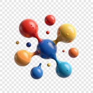 May include: A colorful, abstract 3D rendering of a molecular structure. The central sphere is blue, with red, yellow, orange, and blue spheres connected. Several smaller spheres of various colors float around the central structure. The background is transparent.
