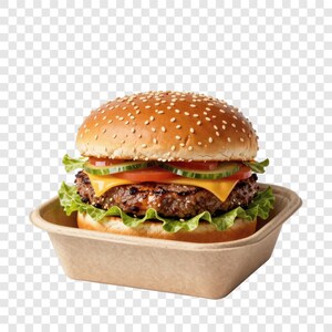 May include: A sesame seed bun burger with a beef patty, cheese, tomato, cucumber, and lettuce. The burger is in a brown paper container. A classic American meal.