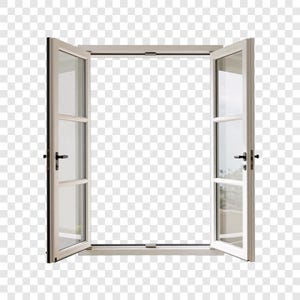 May include: A white-framed window, open to reveal a transparent background. The window has two glass panels and black handles. The design is simple and classic, suitable for various architectural styles. The window opens outwards.