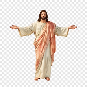 May include: A full-length image of a man with long brown hair and a beard, wearing a cream-colored robe and a peach-colored shawl. His arms are outstretched, palms up, against a transparent background.