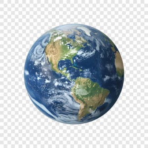 May include: A detailed 3D rendering of planet Earth, showcasing the continents in shades of green and brown, surrounded by swirling blue oceans and white cloud formations. The image is set against a transparent background.