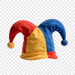 Könnte beinhalten: Ein bunter Narrenhut mit roten, gelben und blauen Feldern. Der Hut hat drei spitze Enden, jeweils mit einem kleinen, passenden Bommel. Der Hutansatz ist goldgelb.