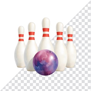 Puede incluir: Ilustración en acuarela de bolos y una bola de bolos. Los bolos blancos tienen rayas rojas en la parte superior. La bola de bolos es una mezcla de morado y rosa con efecto marmolado.