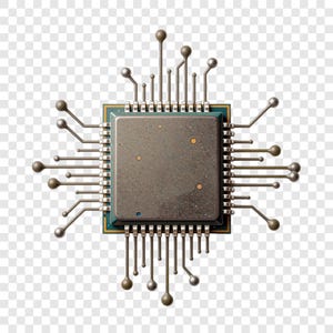 May include: A detailed illustration of a computer processor. The central square is a muted gray with small circular details, framed by a teal border and gold accents. Numerous silver and brown pins extend outward, creating a complex, technical design.