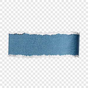 May include: A rectangular piece of blue denim fabric with a torn edge. The torn edge is white and jagged, contrasting with the solid blue of the denim. The fabric appears to be rolled slightly.