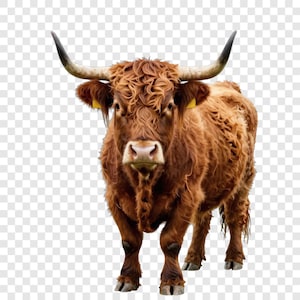 May include: A full-body shot of a Highland cow with long, shaggy, reddish-brown fur. The cow has large, curved horns, a light-colored muzzle, and small yellow tags in its ears. The animal stands facing the viewer.
