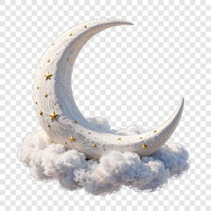 May include: A whimsical crescent moon design, resting on fluffy white clouds. The moon is a creamy white color, adorned with gold stars and subtle swirling patterns. A dreamy, celestial-themed decorative element.