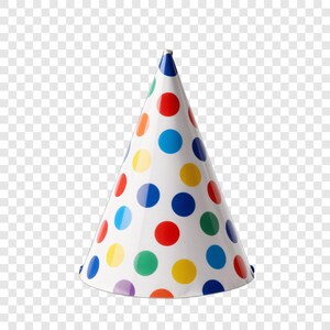 May include: A conical party hat with a white background featuring a repeating pattern of multicolored polka dots in shades of red, blue, yellow, green, and orange. The hat has a smooth, glossy finish and a pointed top, designed for festive celebrations.