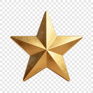 May include: A gold-coloured, five-pointed star with a textured surface. The star has a metallic appearance and is set against a transparent background. The star's points are sharp and well-defined, with a slight gradient effect.