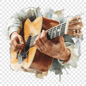 Può includere: Illustrazione ad acquerello di una chitarra acustica suonata. La chitarra ha un corpo marrone chiaro con retro e lati marrone scuro. Le corde sono visibili e le mani del musicista suonano lo strumento.