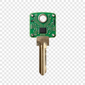 May include: A key with a green circuit board top. The circuit board has a central hole and a black square chip. The key's metal blade is gold-colored.