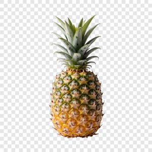 Peut inclure: Un ananas entier présentant une peau texturée jaune doré et verte avec une couronne de feuilles vertes pointues et acérées au sommet. Le fruit a une forme cylindrique avec une surface extérieure au motif en losange répétitif.