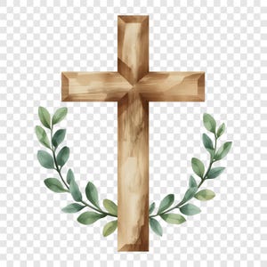 May include: A wooden cross with a light brown finish, surrounded by a watercolor-style wreath of green leaves. The cross has a simple, classic design, suitable for religious or spiritual themes.