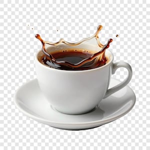 May include: A white ceramic coffee cup and saucer with dark coffee. The coffee is splashing upwards, creating a dynamic visual. The image is set against a transparent background, highlighting the cup and the coffee splash.